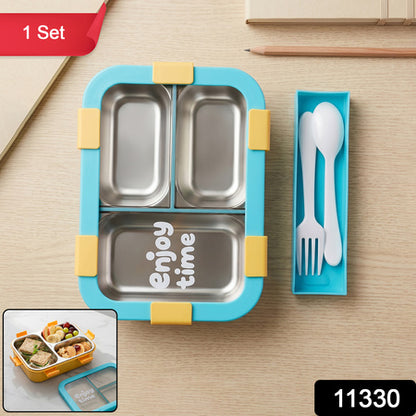 Airtight 3 Compartment Stainless Steel Lunch Box With Spoon  Fork  600ml
