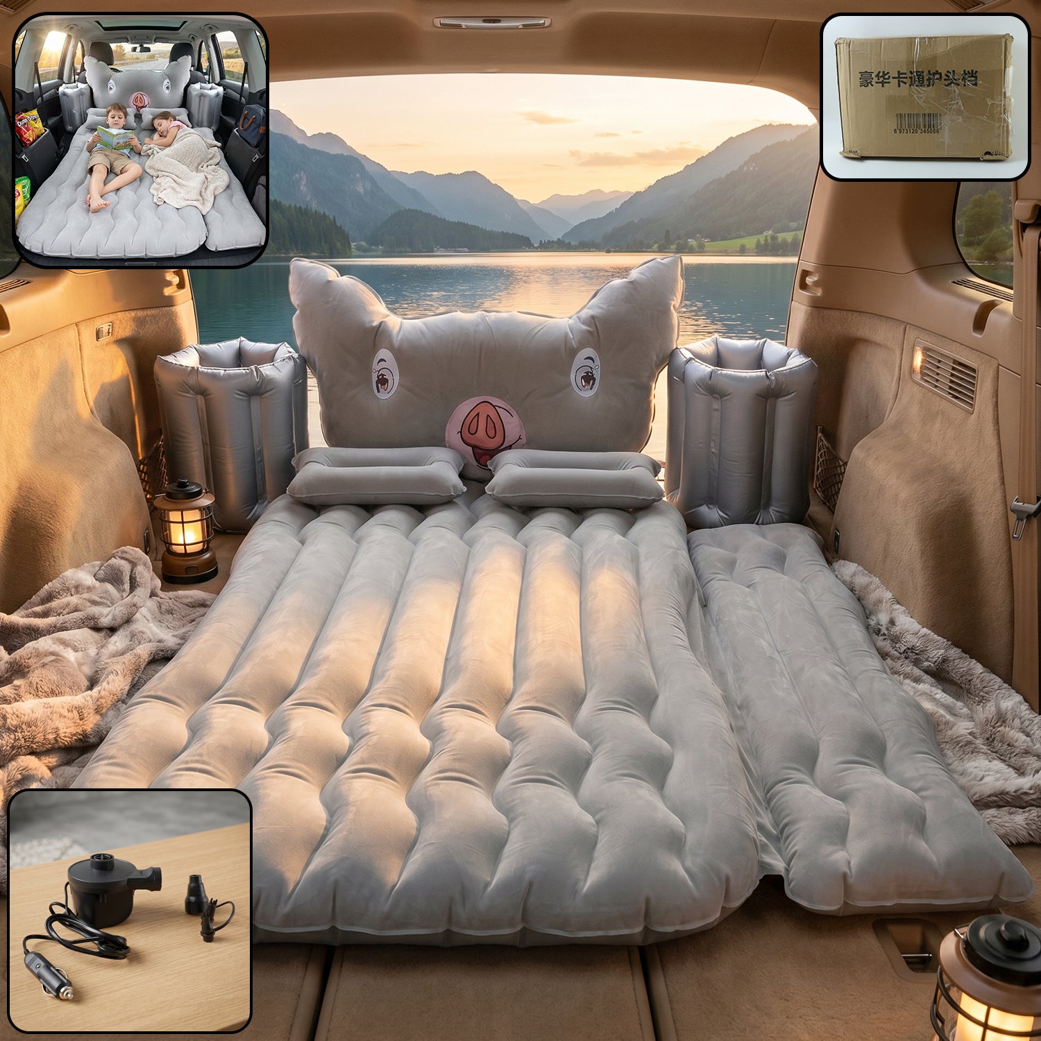 Portable Car Air Mattress Set With Pig Pillow And Cushions For Travel Comfort (1 Set)
