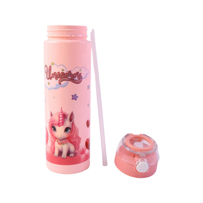 Cute Cartoon Printed Kids Water Bottle With Flip Top Lid Straw (500 Ml Approx)