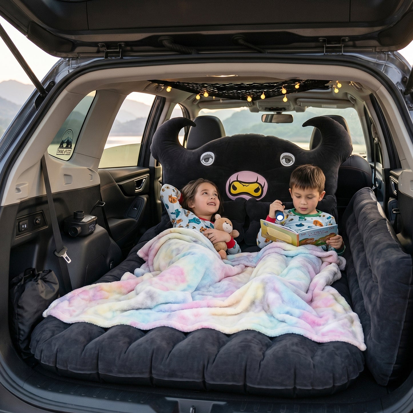 Car Air Mattress With Black Monster Pillow And Cushions For Kids And Adults (1 Set)