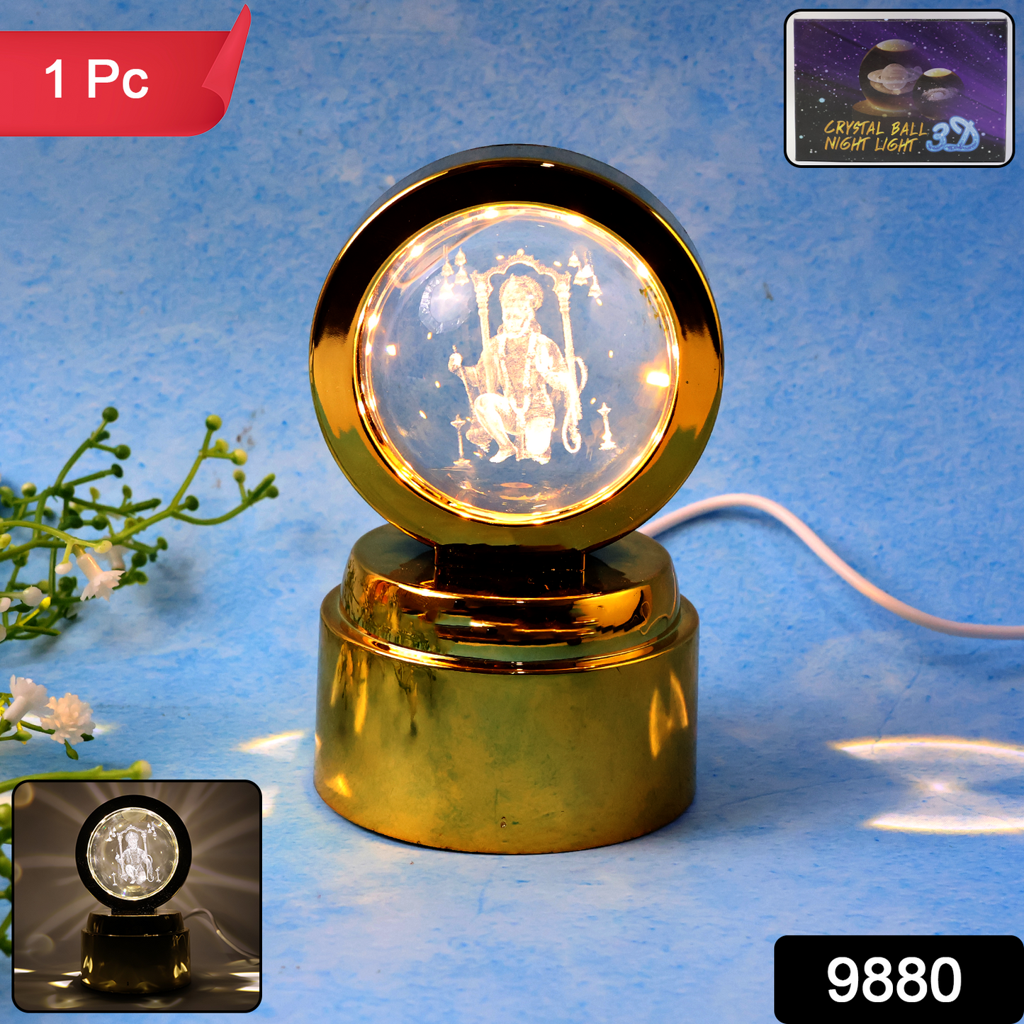 Bajrang Bali 3d Crystal Ball Night Light With Led Illumination (1 Pc)