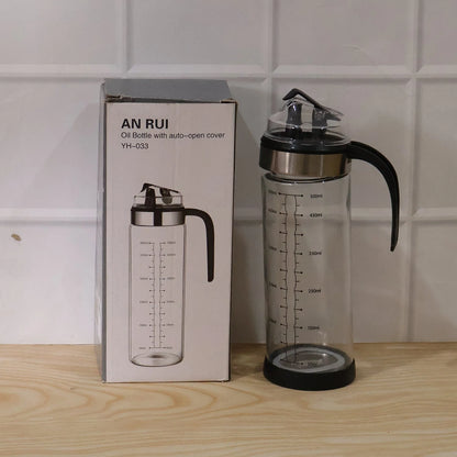 Glass Oil Dispenser Bottle With Handle And Auto Flip Lid For Kitchen (500 Ml)
