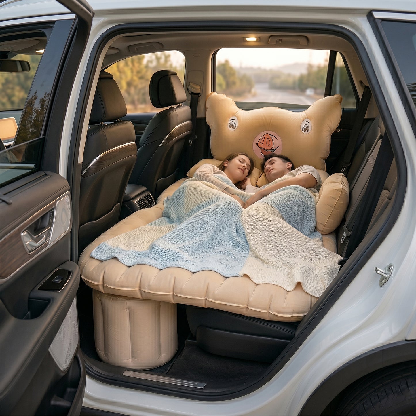 Car Air Mattress Bed Set  Cartoon Pig Design Inflatable Travel Bed With Pillows