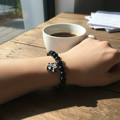 Premium Black Beaded Stretch Bracelet With Cute Panda Charm (1 Pc)