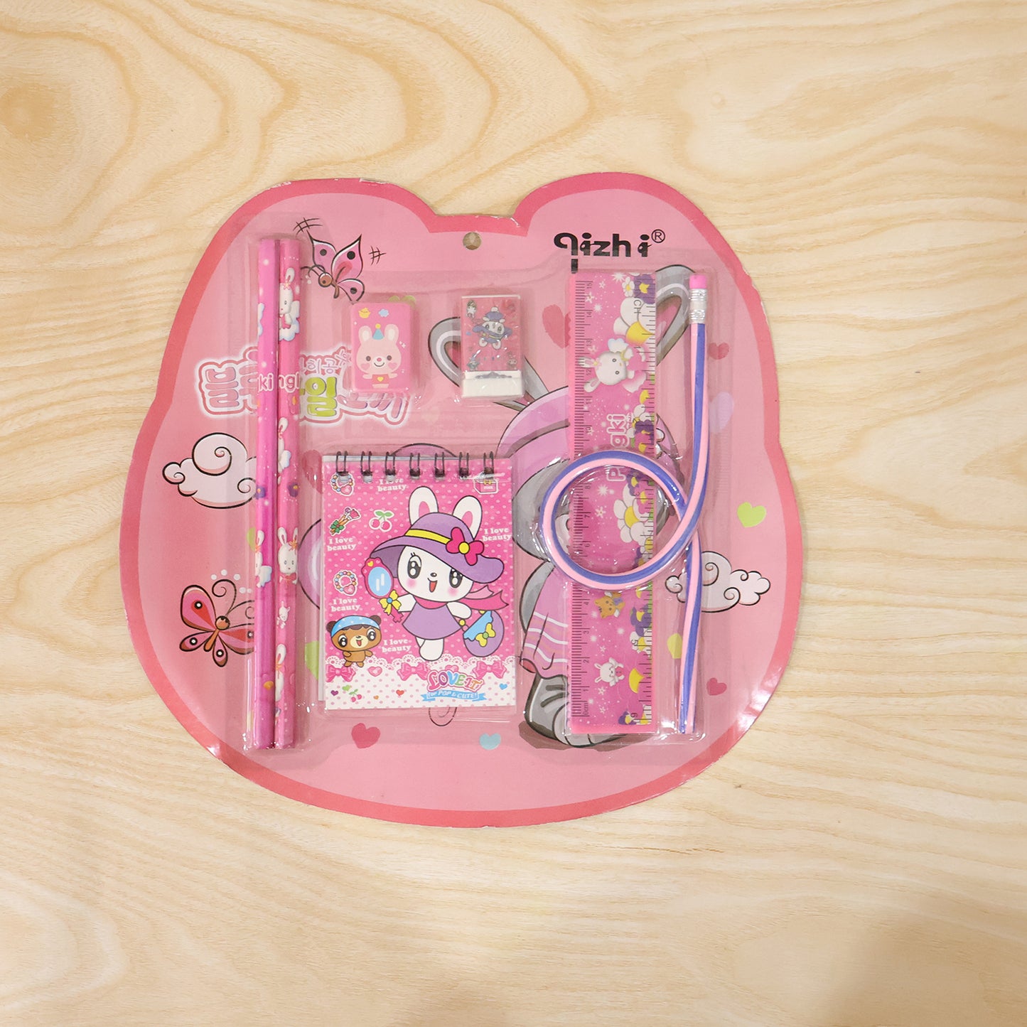 7-in-1 Cute Pink Stationery Set With Ruler Pencil Eraser Notebook Sharpener