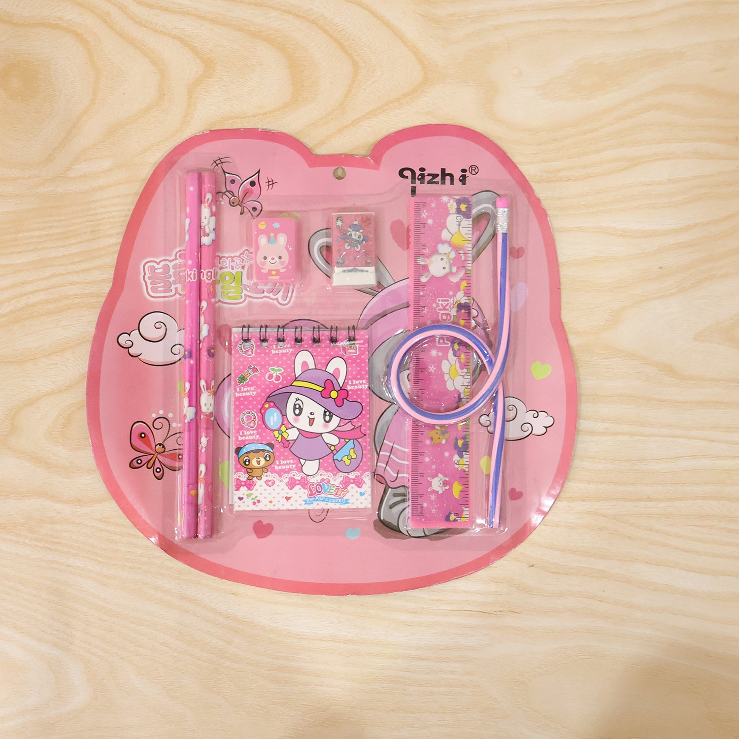 7-in-1 Cute Pink Stationery Set With Ruler Pencil Eraser Notebook Sharpener