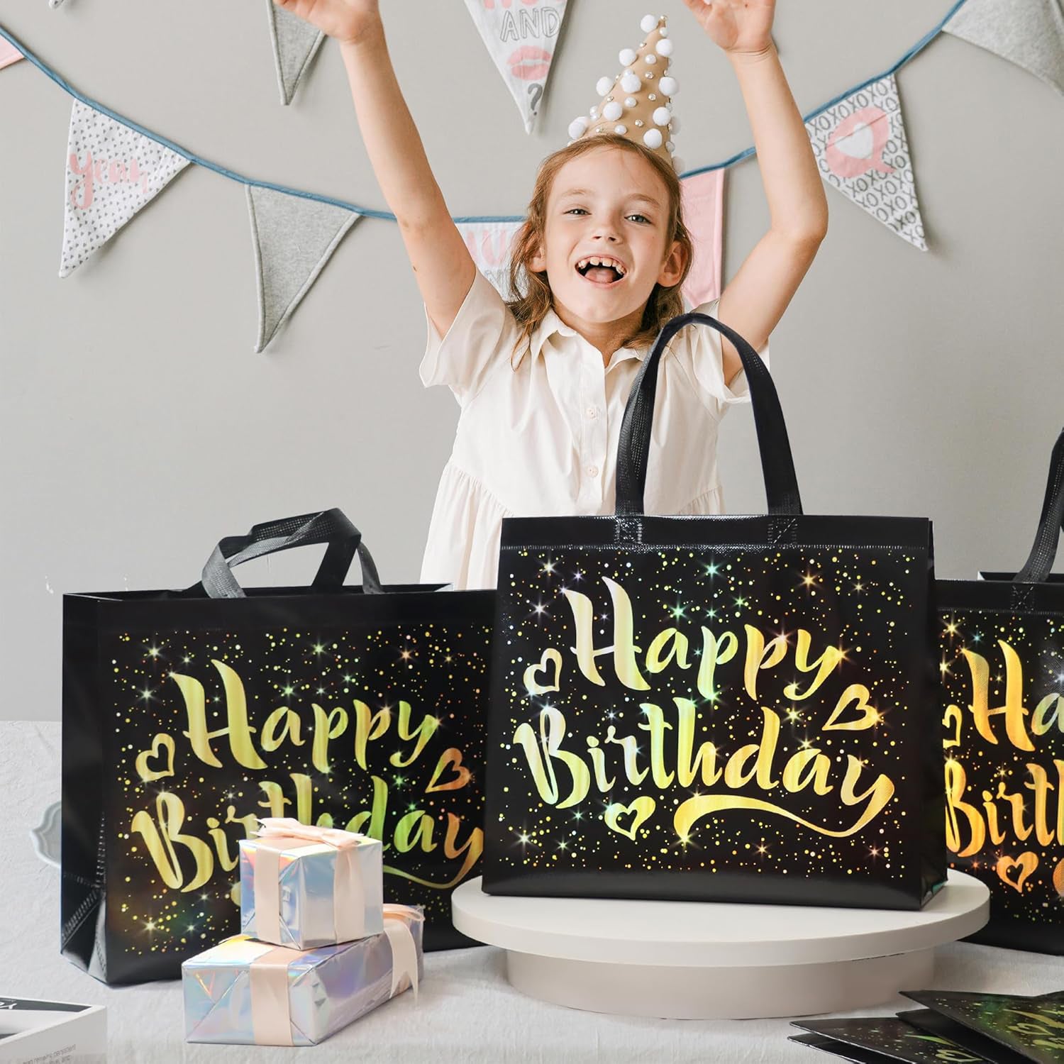 Birthday Gift Bag With Gold Shiny Stars Reusable Party Gift Bags (1 Pc)