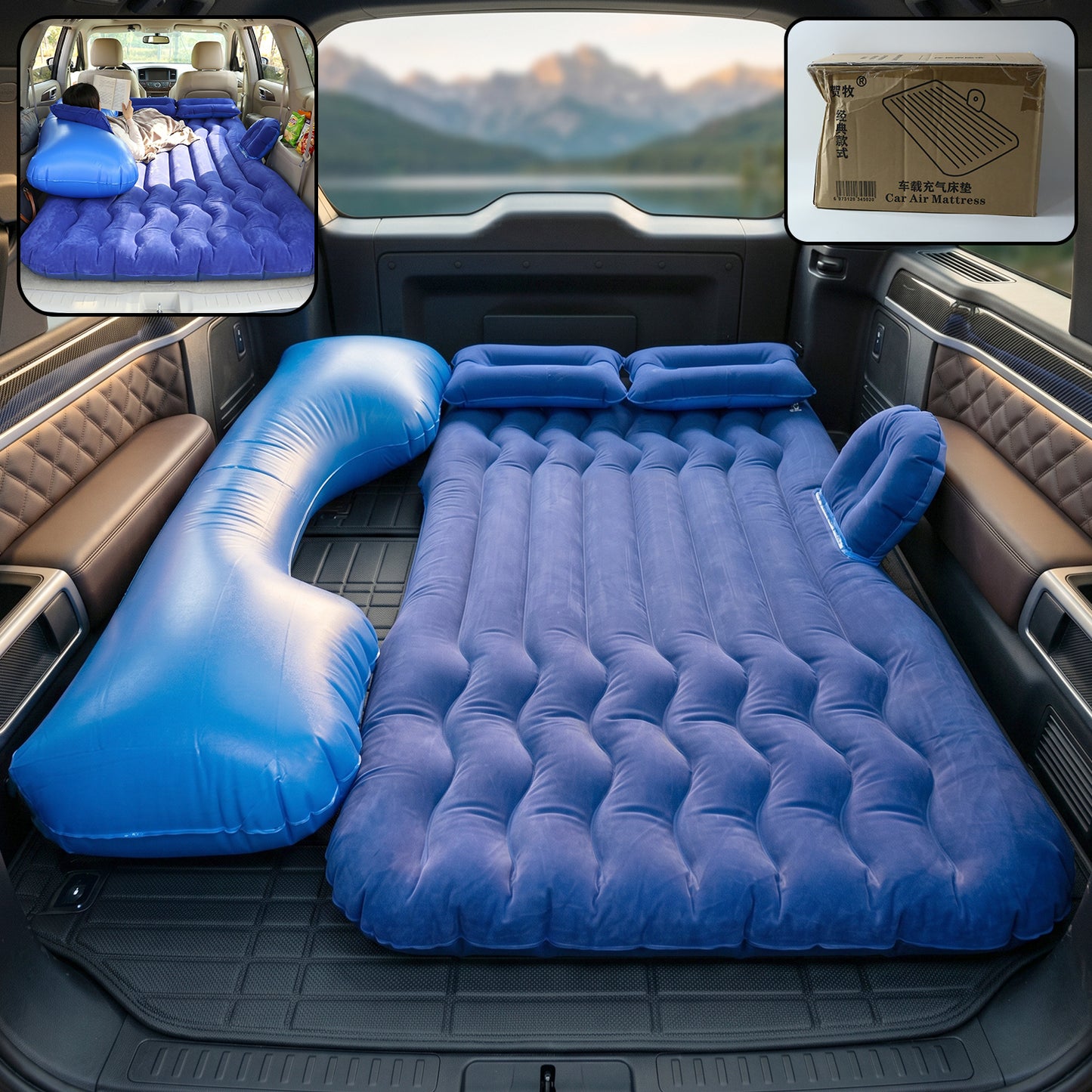Portable Car Air Mattress Bed Set With Pump  Pillows Inflatable (Dark Blue)