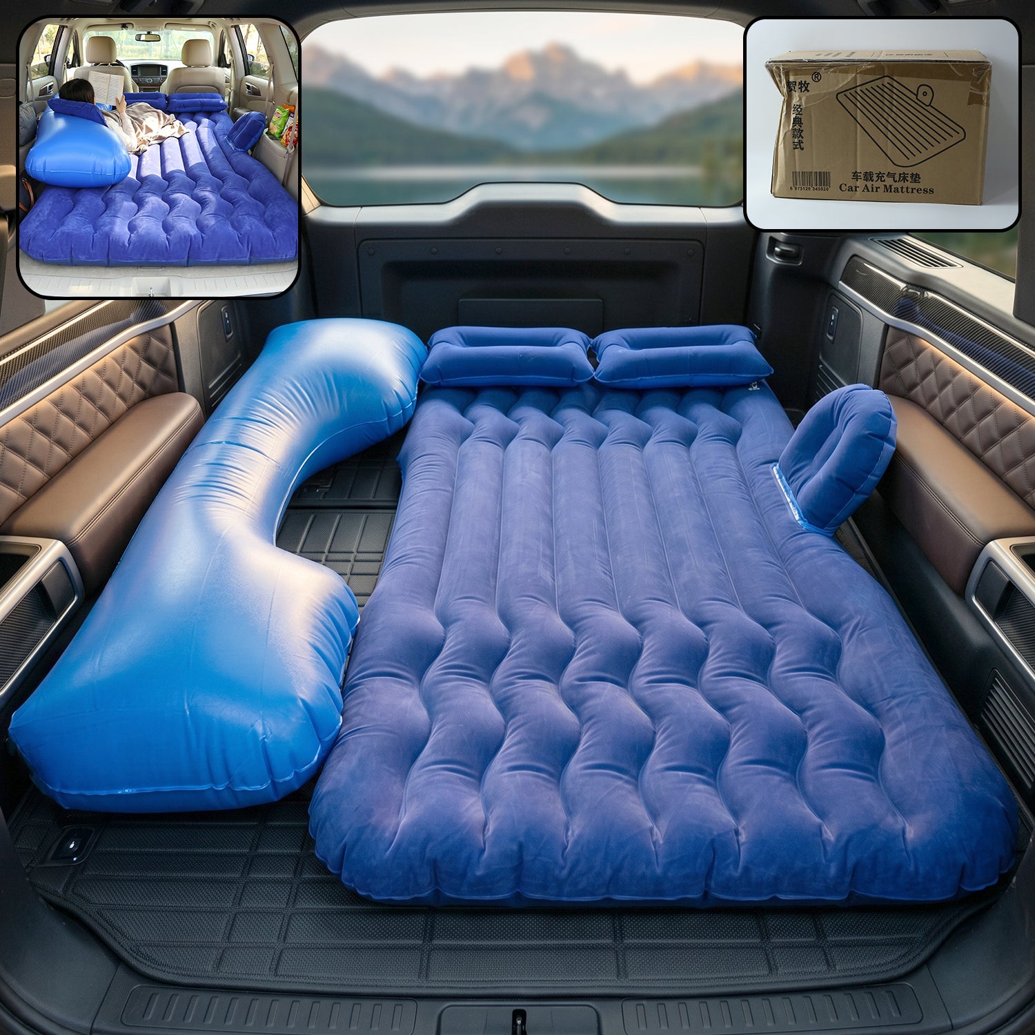 Portable Car Air Mattress Bed Set With Pump  Pillows Inflatable (Dark Blue)