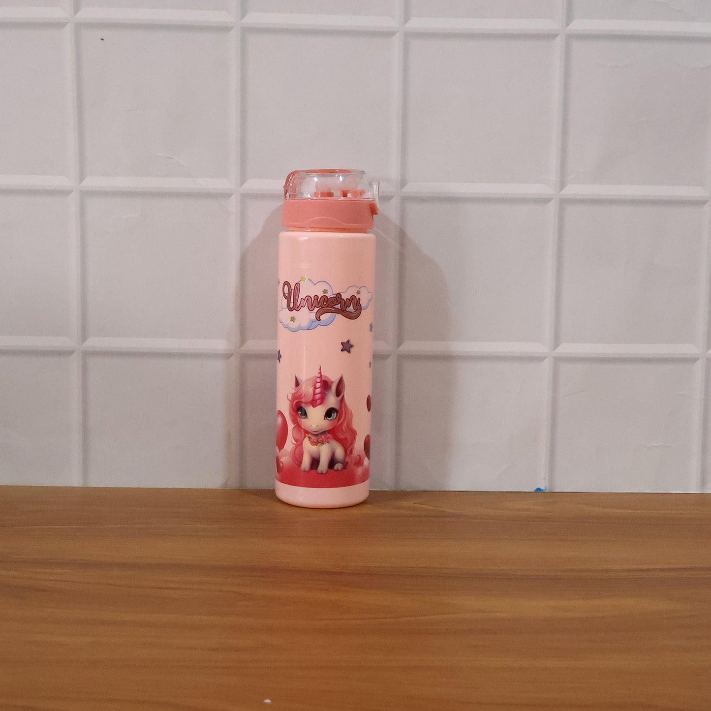 Cute Cartoon Printed Kids Water Bottle With Flip Top Lid Straw (500 Ml Approx)
