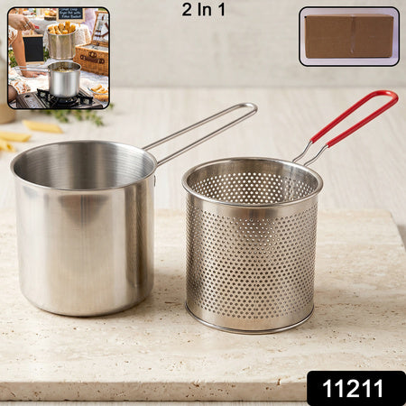 Stainless Steel Deep Frying Pot With Strainer Basket Set For Kitchen (1 Set)