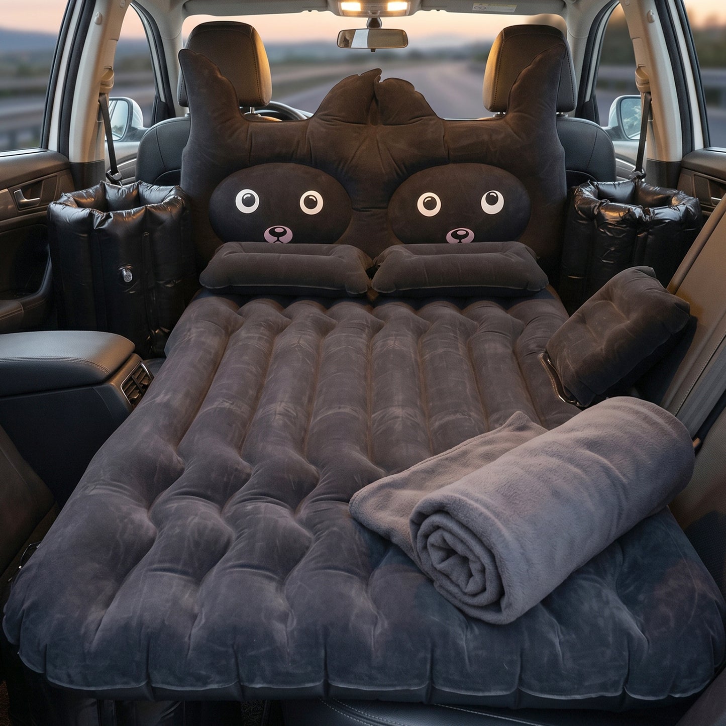 Cute Car Air Mattress Set With Black Cat Pillow For Comfortable Sleeping On The Go (1 Set)