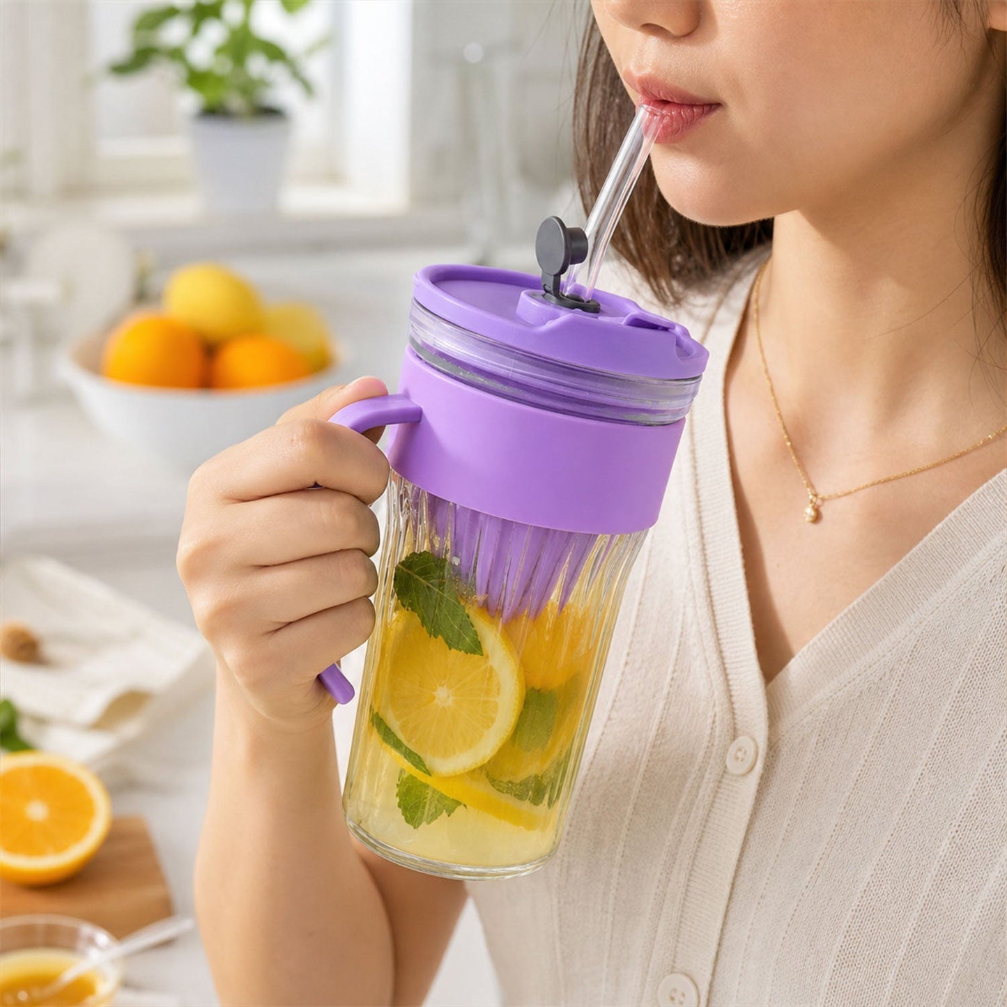 Glass Tumbler With Lid Straw And Handle For Cold Beverages And Juice (1 Pc)