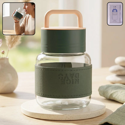 Glass Water Bottle With Handle And Leather Sleeve For Office Travel (1 Pc)