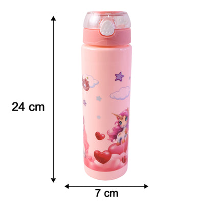 Cute Cartoon Printed Kids Water Bottle With Flip Top Lid Straw (500 Ml Approx)