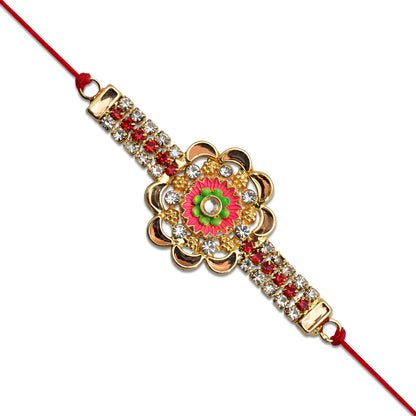 Stone Studded Floral Rakhi With Colorful Enamel Center