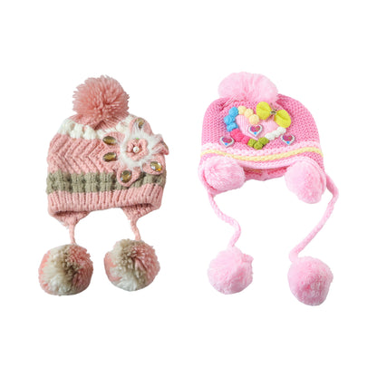 Cute Kids Winter Woolen Ear Flap Cap With Pom Pom (1 Pc Mix Design)