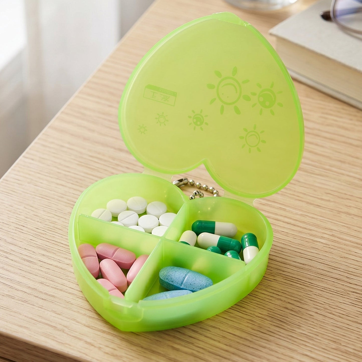 4 Compartment Heart Shape Plastic Pill Organizer Box With Keychain (1 Pc)