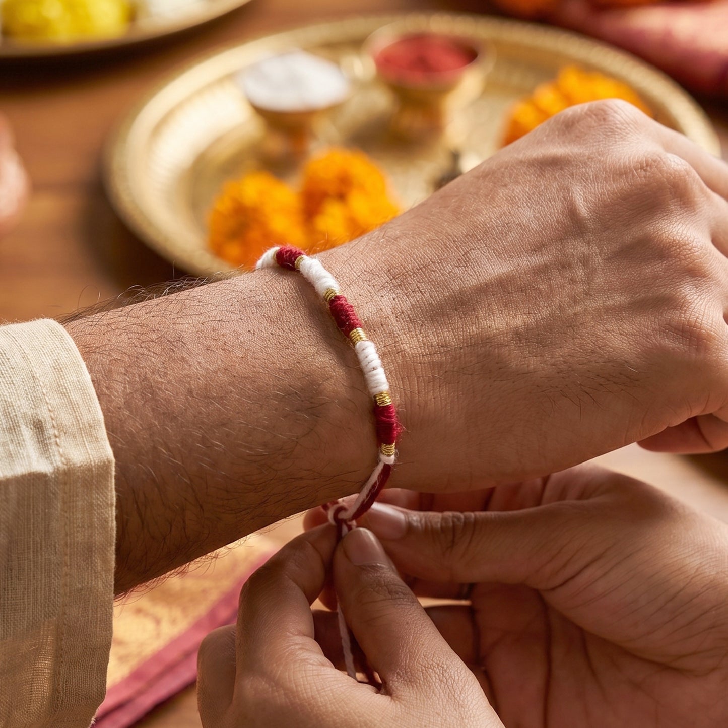 Handmade Red And White Thread Bracelet Rakhi (1 Pc)