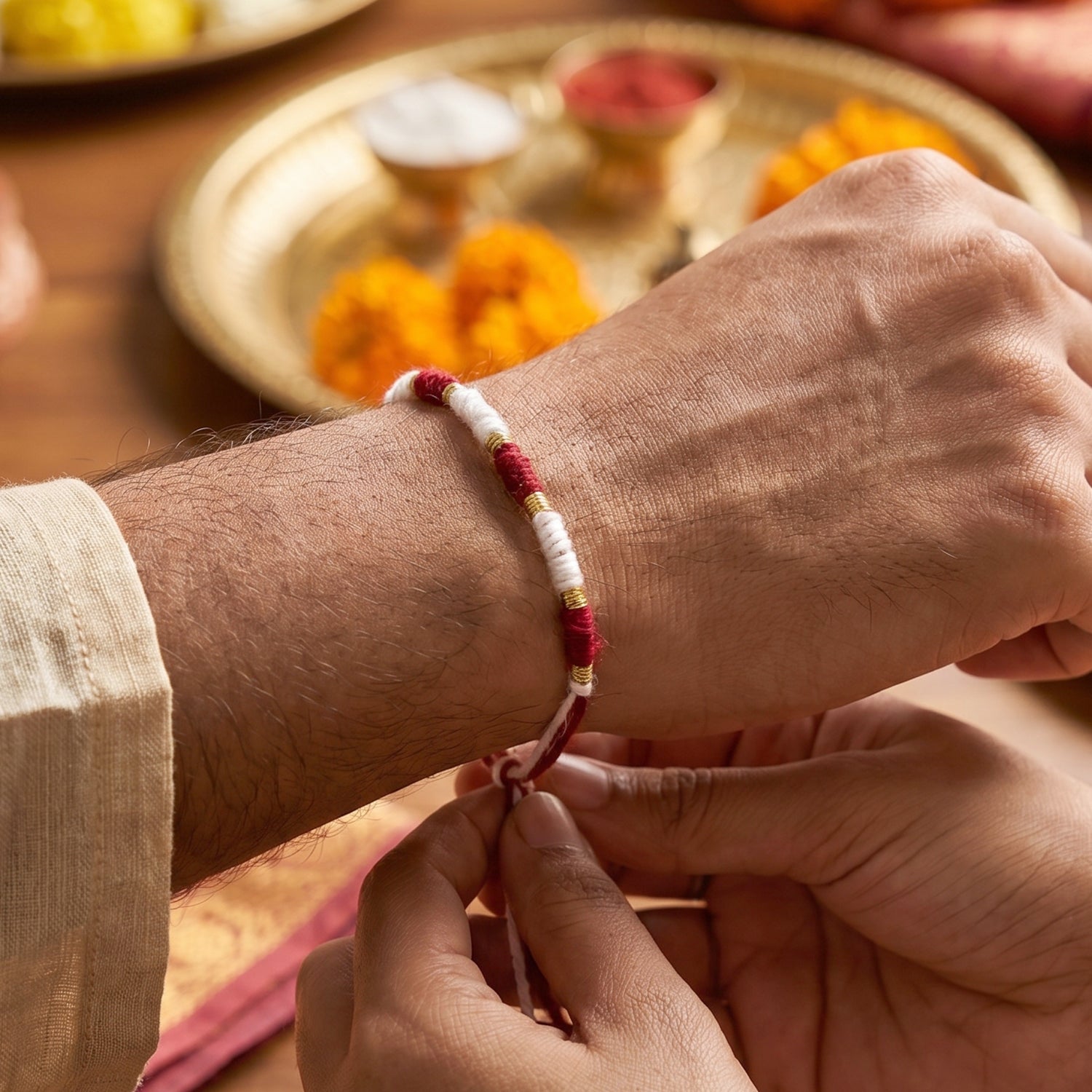 Handmade Red And White Thread Bracelet Rakhi (1 Pc)