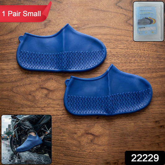Reusable Waterproof Silicone Rain Shoe Cover Blue Small Non Slip (1 Pair)