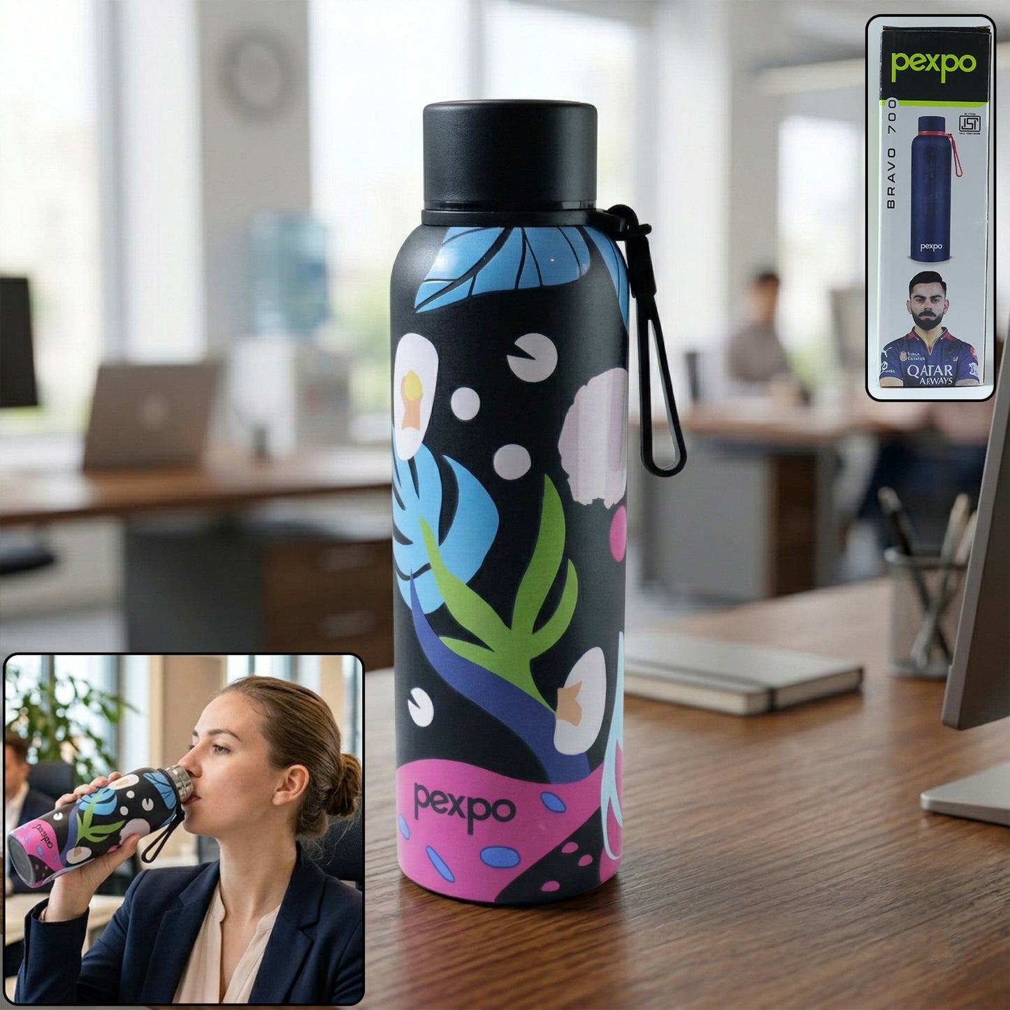 Pexpo Stainless Steel Printed Water Bottle 800 Ml Approx (1 Pc)