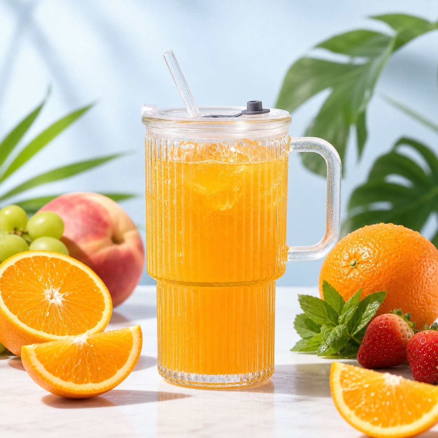 Glass Tumbler With Lid Straw And Handle For Cold Beverages And Juice (1 Pc)