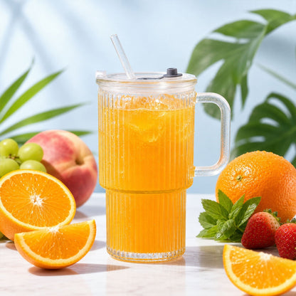 Glass Tumbler With Lid Straw And Handle For Cold Beverages And Juice (1 Pc)