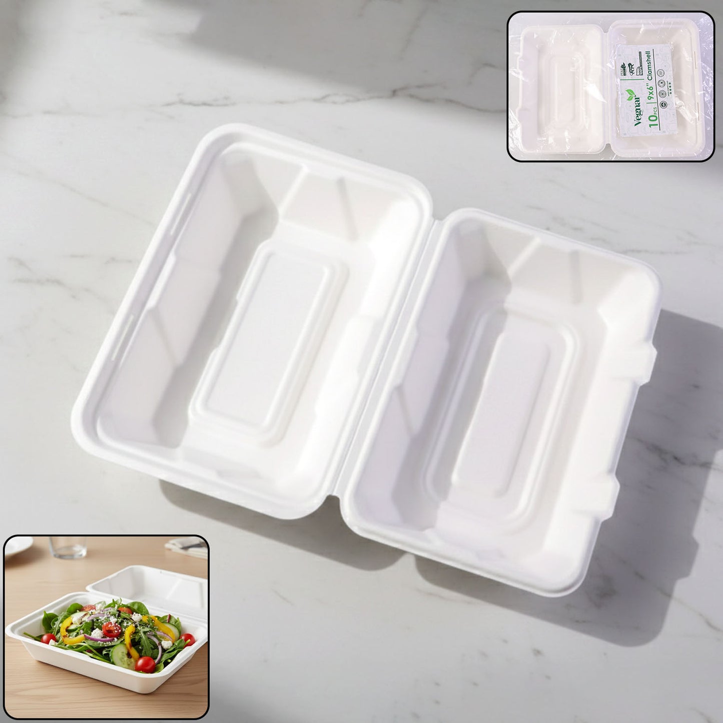 Vegnar Premium Bagasse Clamshell Food Box (10 Pc 9x6 Inch)