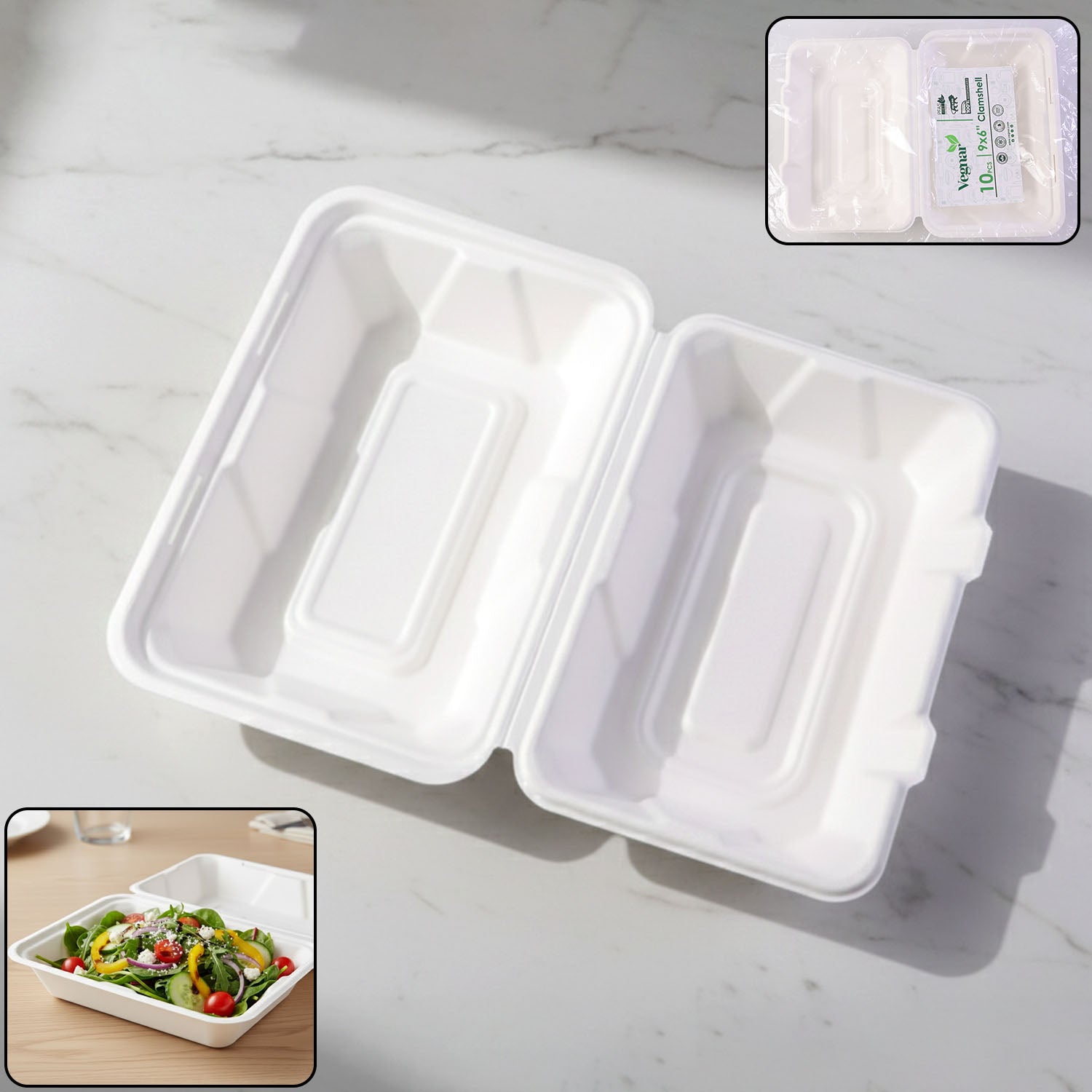 Vegnar Premium Bagasse Clamshell Food Box (10 Pc 9x6 Inch)
