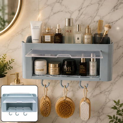 Wall Mounted Multi Storage Organizer Shelf With Hooks For Bathroom (1 Pc)